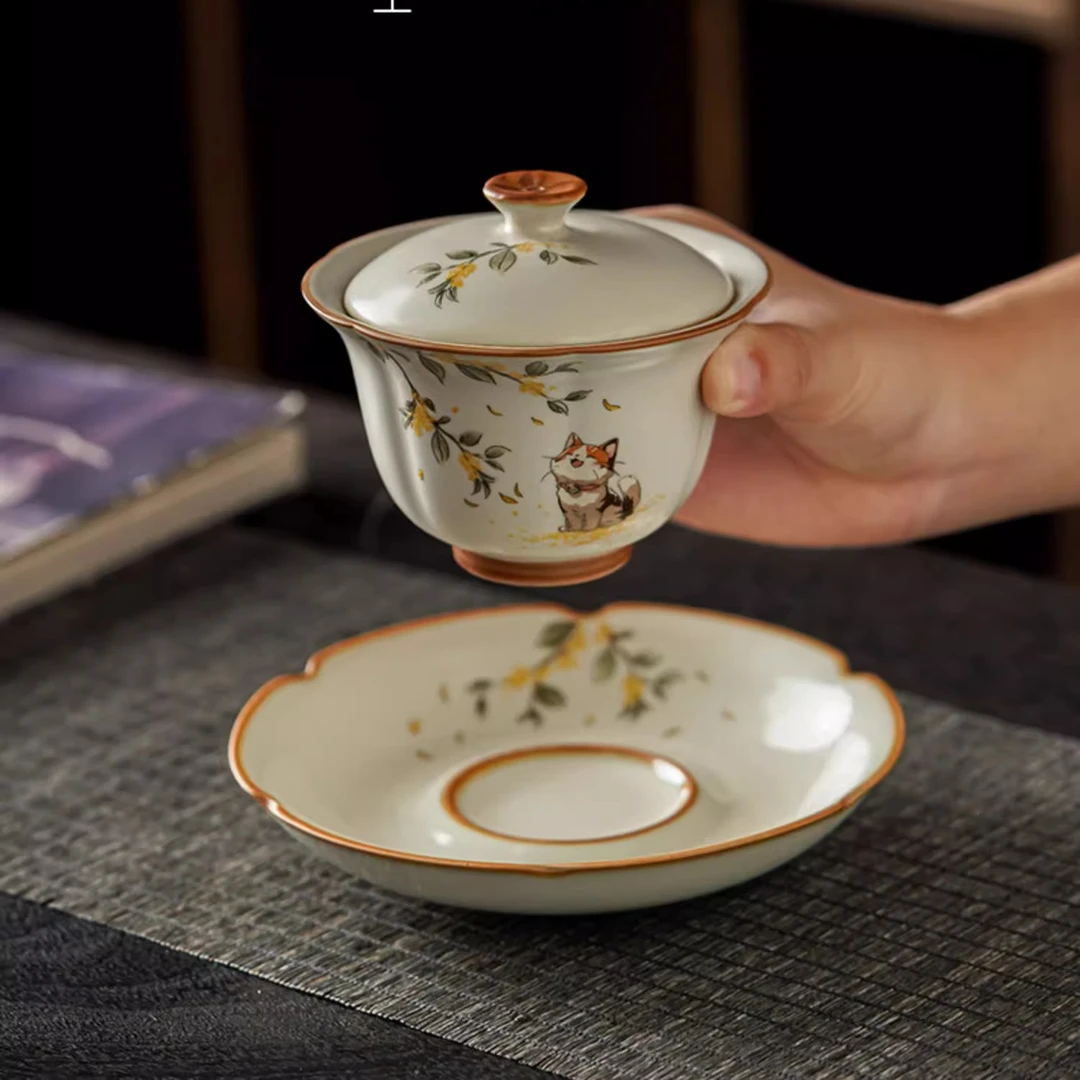 汝窑女士财猫双全三才盖碗陶瓷可爱风萌猫茶杯茶壶茶海公道杯过滤