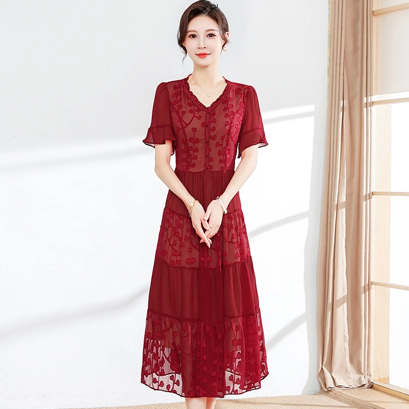 气质时尚拼接减龄短袖A字裙2023夏季新款韩版收腰显瘦中长连衣裙