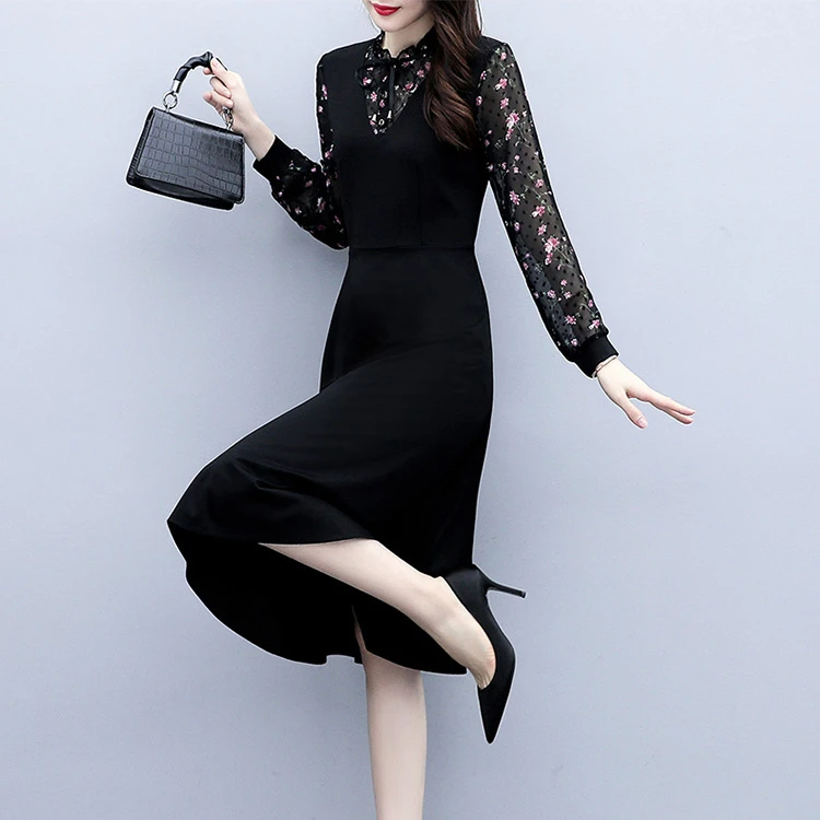 秋季雪纺碎花长袖连衣裙中长款拼接洋气收腰显瘦裙子女春秋