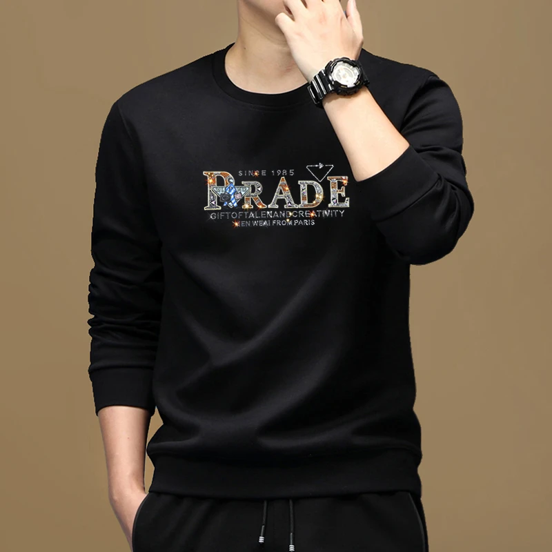 男士白色卫衣男秋冬款潮牌休闲百搭烫钻欧货青年男装圆领长袖上衣