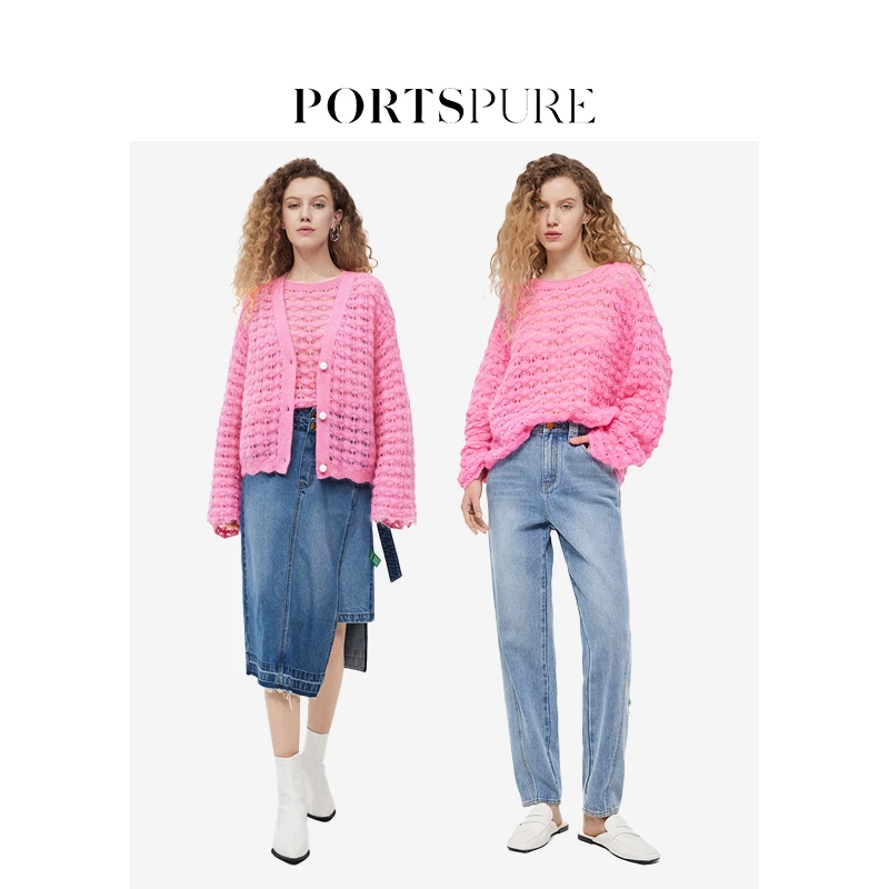 PORTSPURE女装2024秋季新品蕾丝镂空半透毛针织开衫RT7K004LKX016