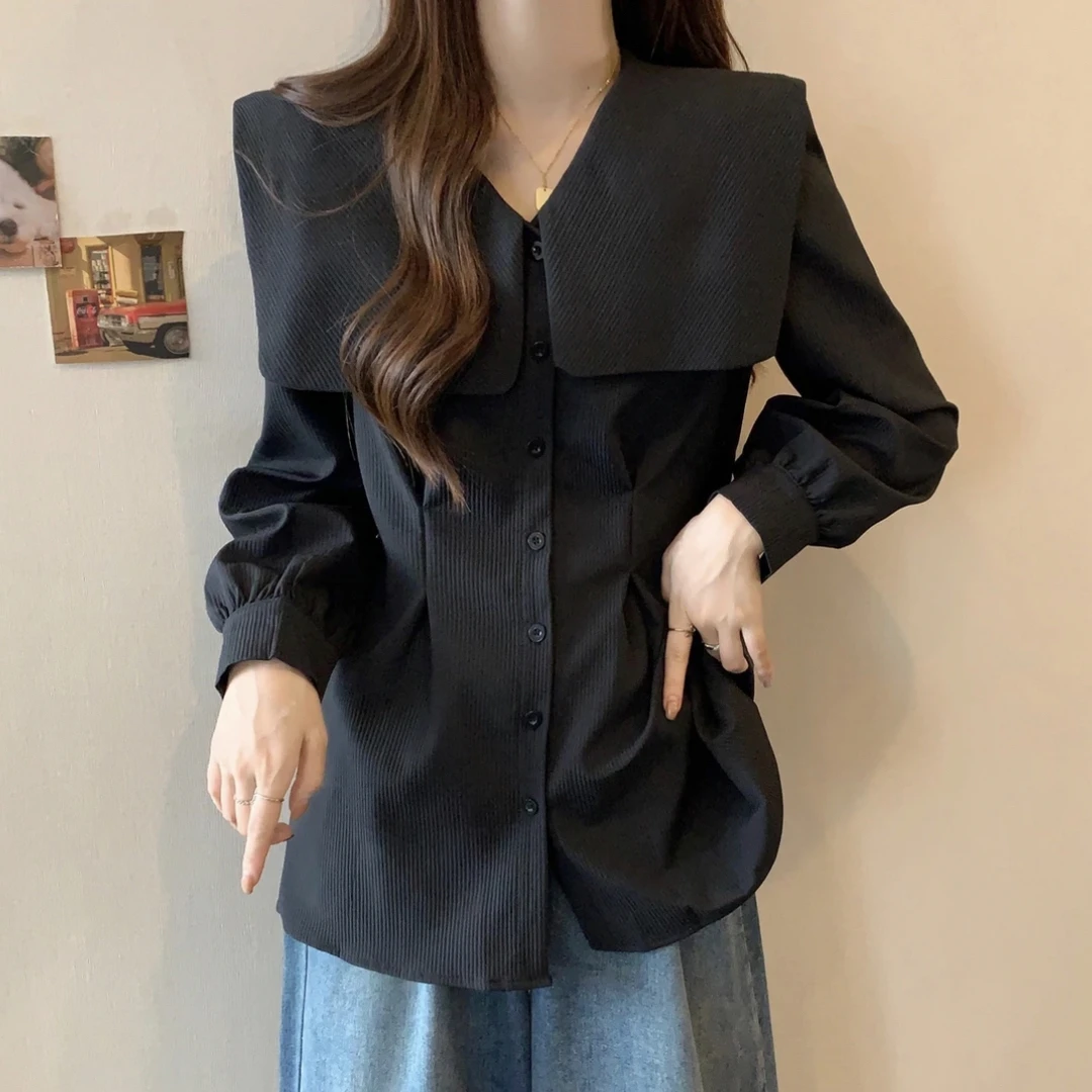 6672春夏新款宽松顺条纹衬衫女洋气海军领休闲衬衣中长款衬衫女