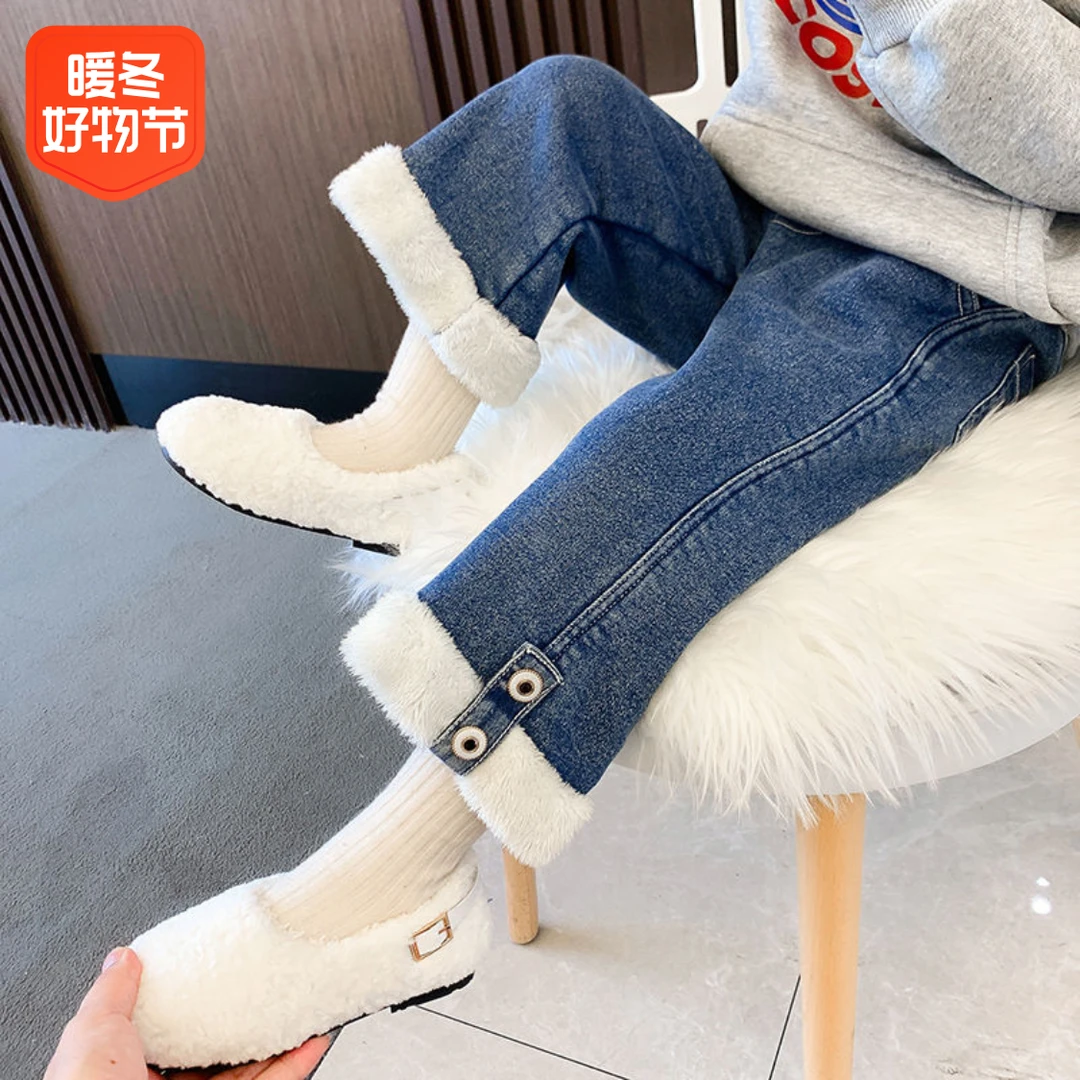 女童加绒牛仔裤2023秋冬新款厚款洋气女宝宝外穿儿童装冬装长裤