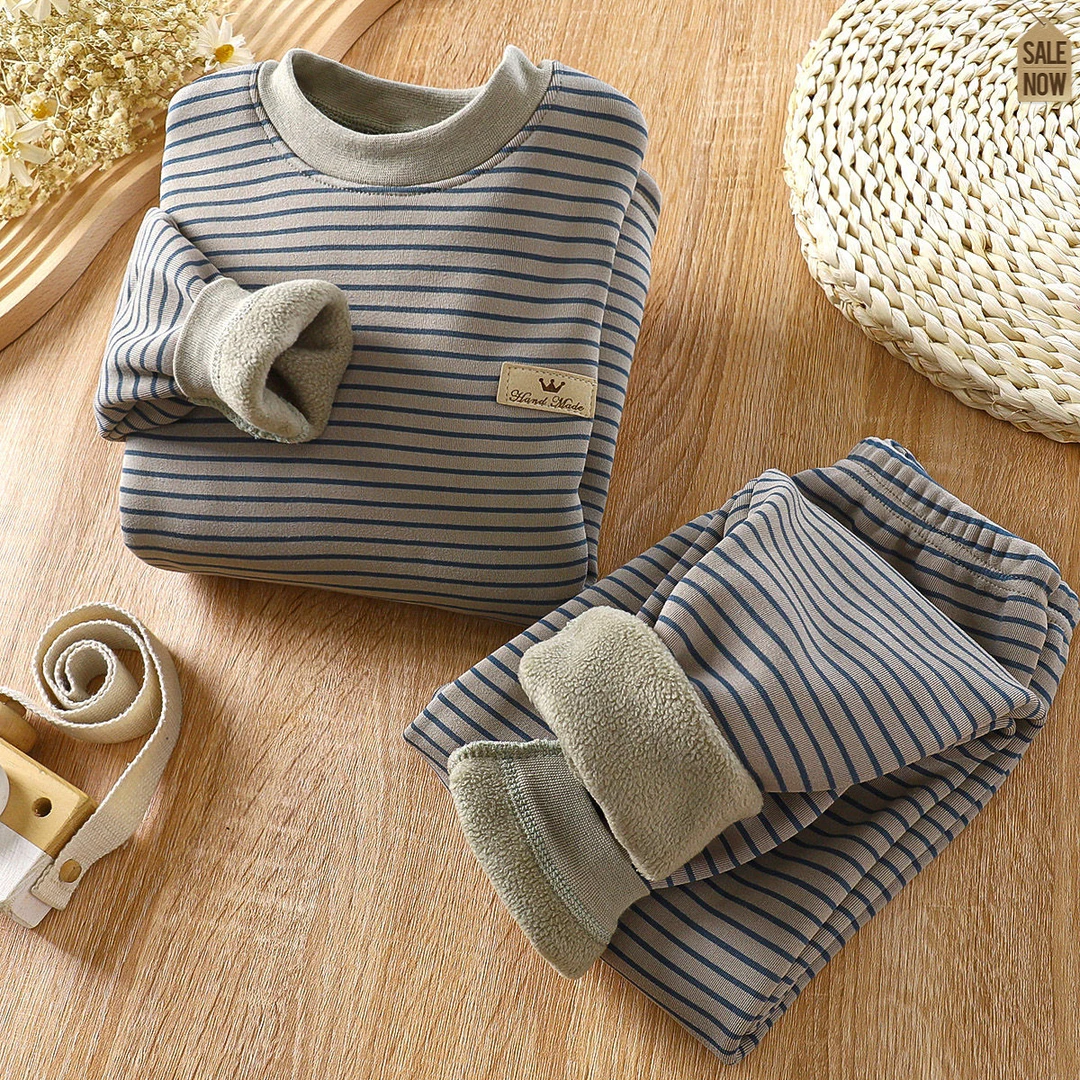 加绒儿童保暖内衣套装冬天加厚男女童衣服秋衣秋裤条纹家