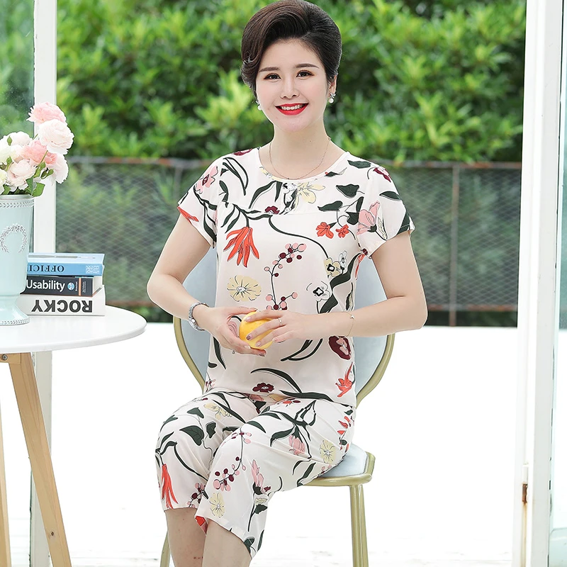 中老年人棉绸睡衣套装中年妈妈加肥加大女士家居服短袖短裤居家服