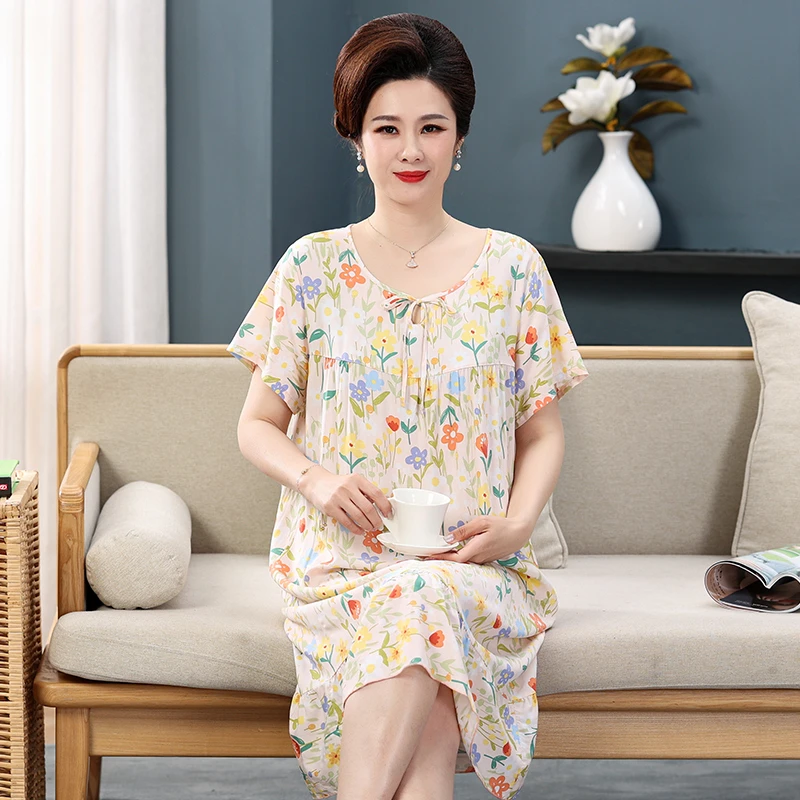 妈妈棉绸睡裙女中老年女士短袖人造棉连衣裙老年人绵绸睡衣薄款夏