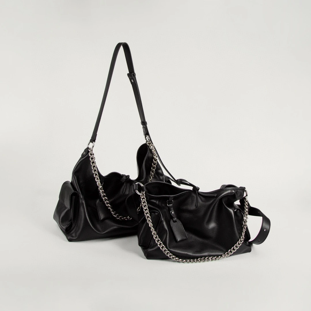 意产头层胎牛皮黑武士通勤单肩托特女包Carry高级斜挎