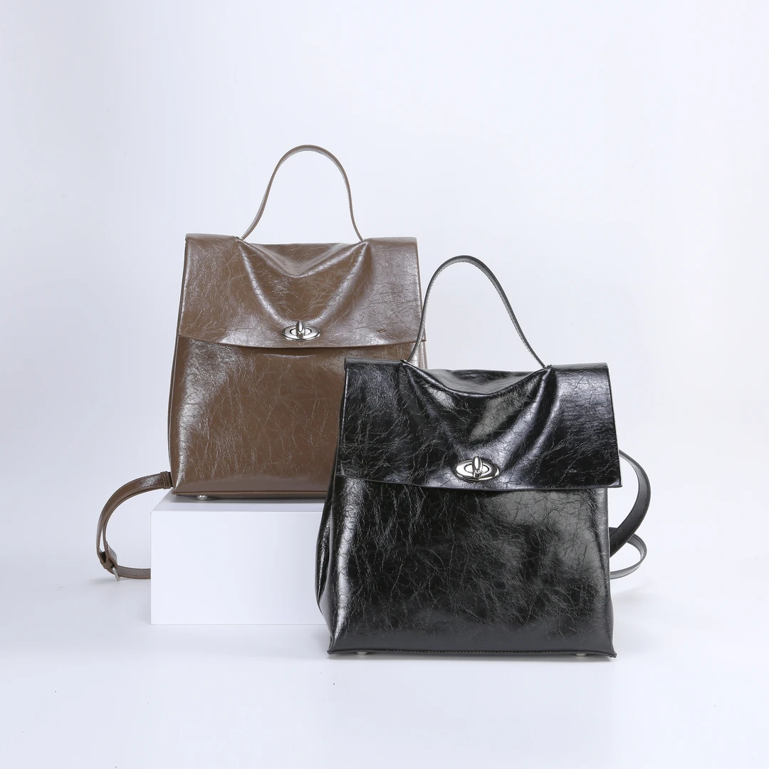 设计师小众头层油蜡牛皮双肩背包女包