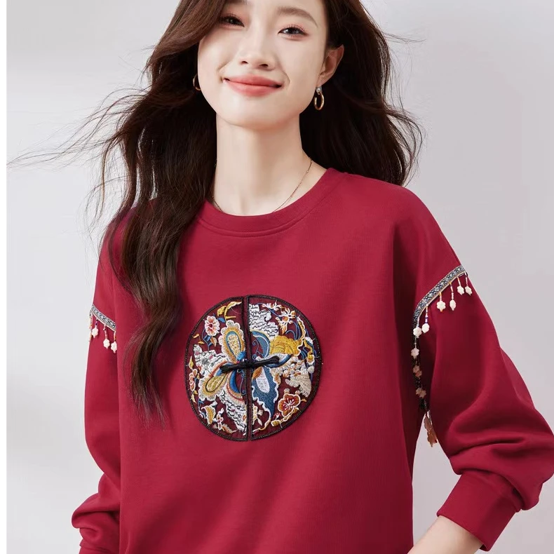 圆领卫衣女2024新款春秋季新中式国风宽松洋气上衣外套