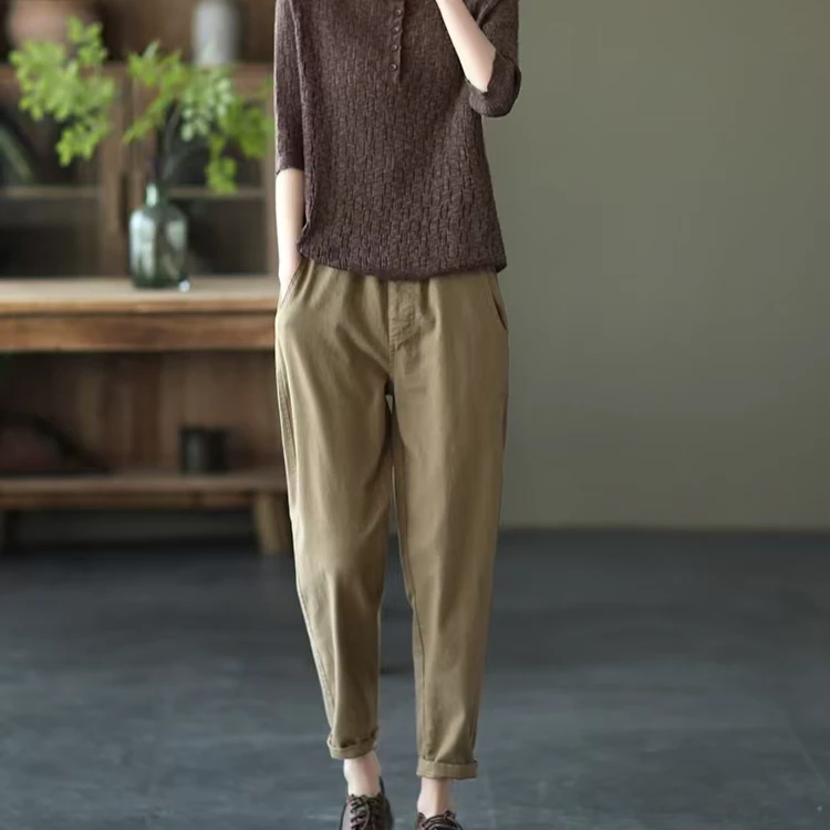 浣茜纱新款复古休闲裤女纯色松紧腰文艺显瘦哈伦裤