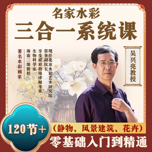 吴兴亮水彩三合一系统课零基础风景建筑静物花卉素描色彩画画教程