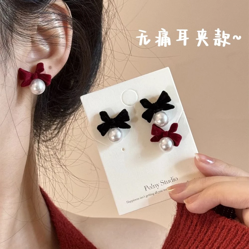 圣诞节红色耳饰女秋冬订婚蝴蝶结耳钉结婚耳环新娘耳夹无耳洞