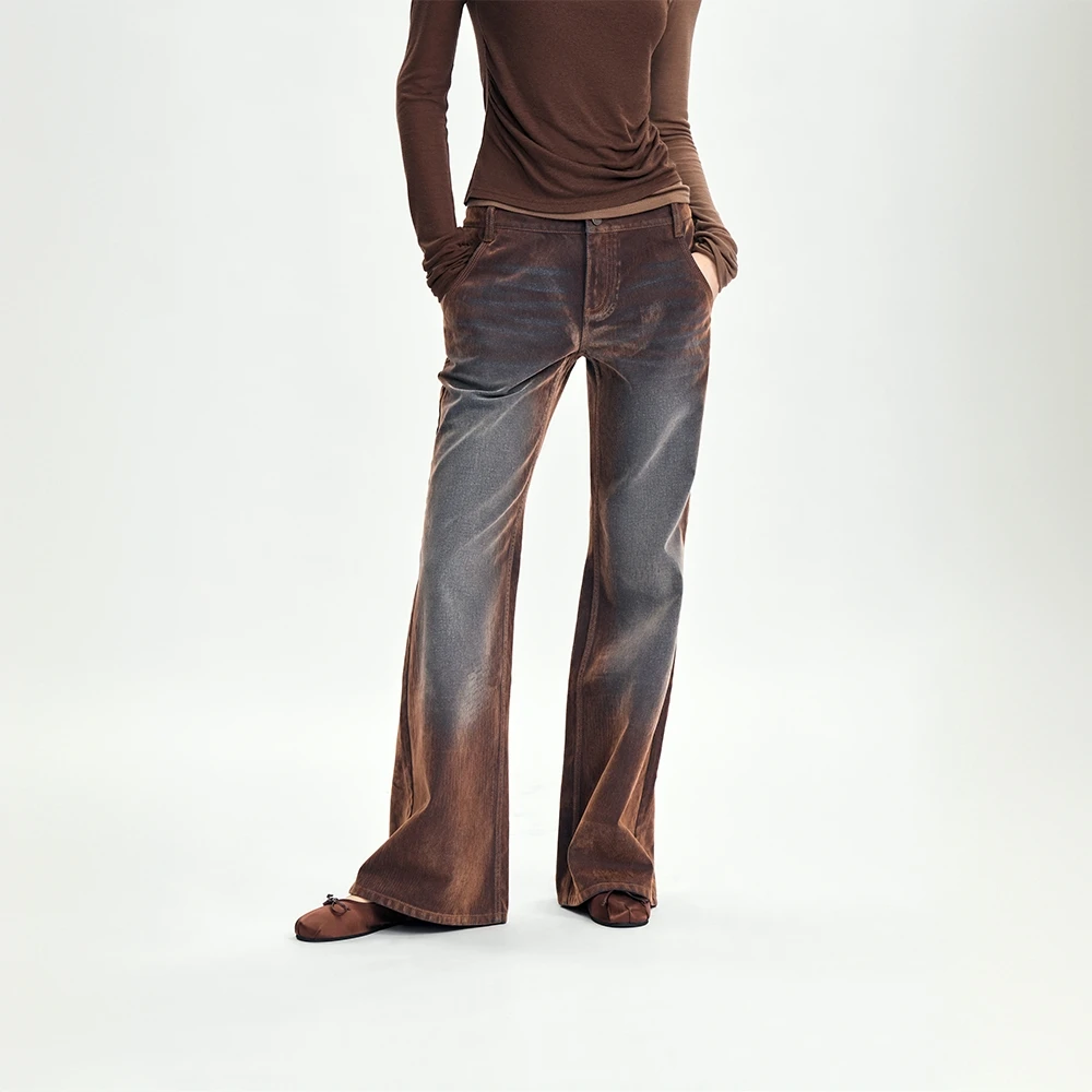 RURE怀旧风格中低腰修身丝绒牛仔喇叭裤