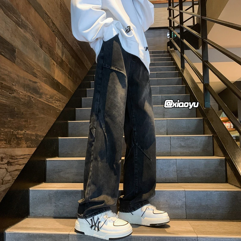 黑色拼接牛仔裤男春秋美式复古vibe潮流裤子设计感宽松裤子男直筒