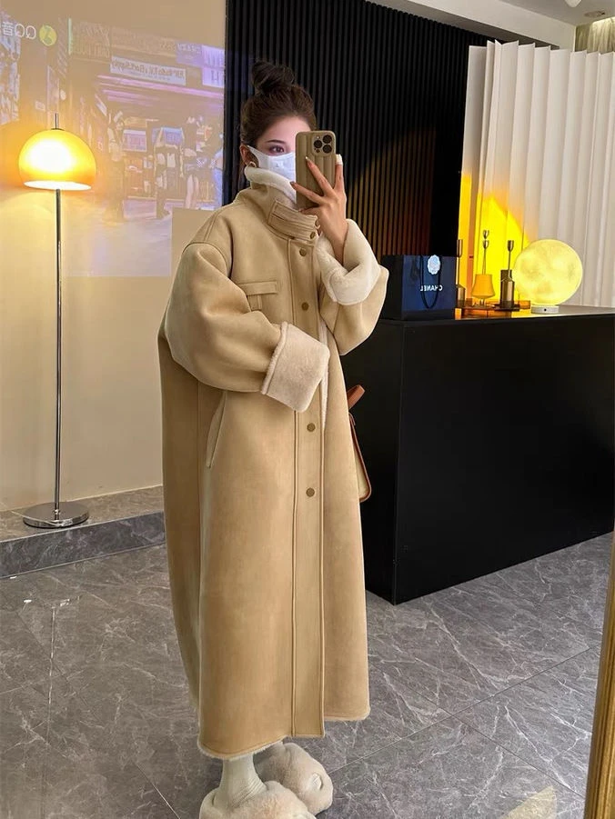 冬季新款韩版时尚加绒加厚长款环保皮毛一体外套保暖大衣女