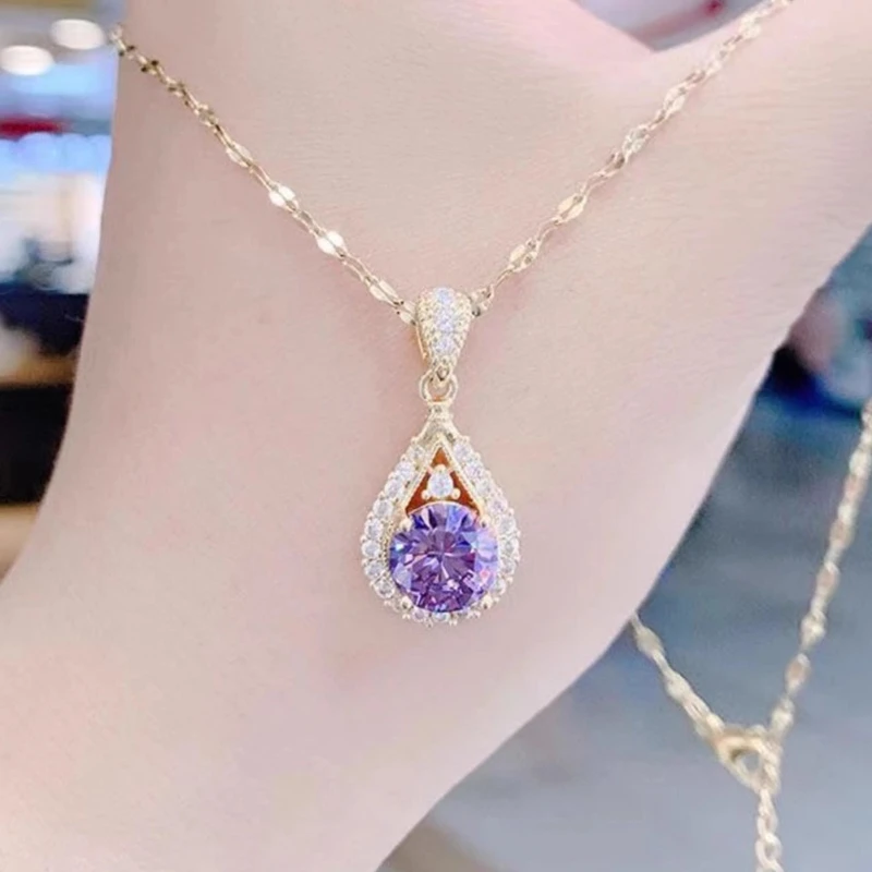 钛钢项链 气质轻奢时尚百搭小众简约紫色精致满钻奢华坠链素款