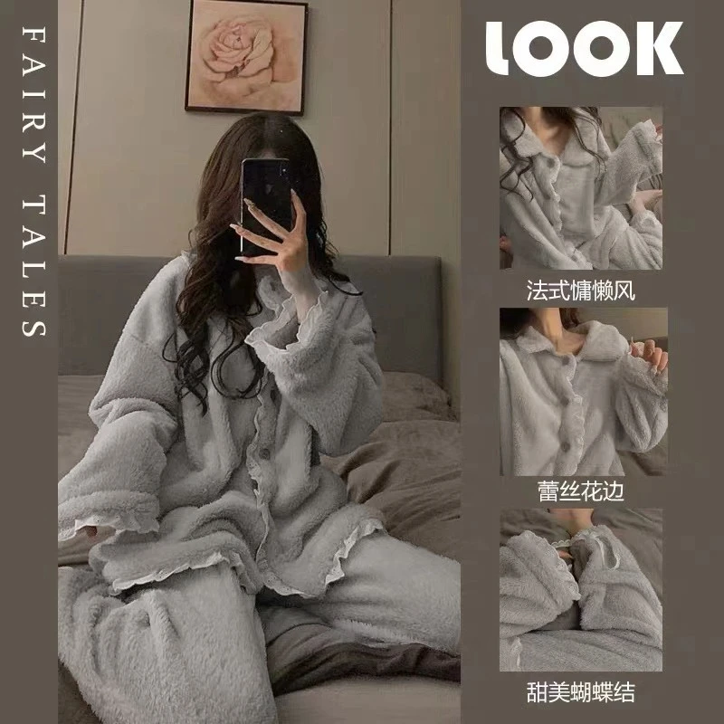 珊瑚绒睡衣女士冬季加绒加厚法兰绒家居服套装冬天娃娃领保暖可外