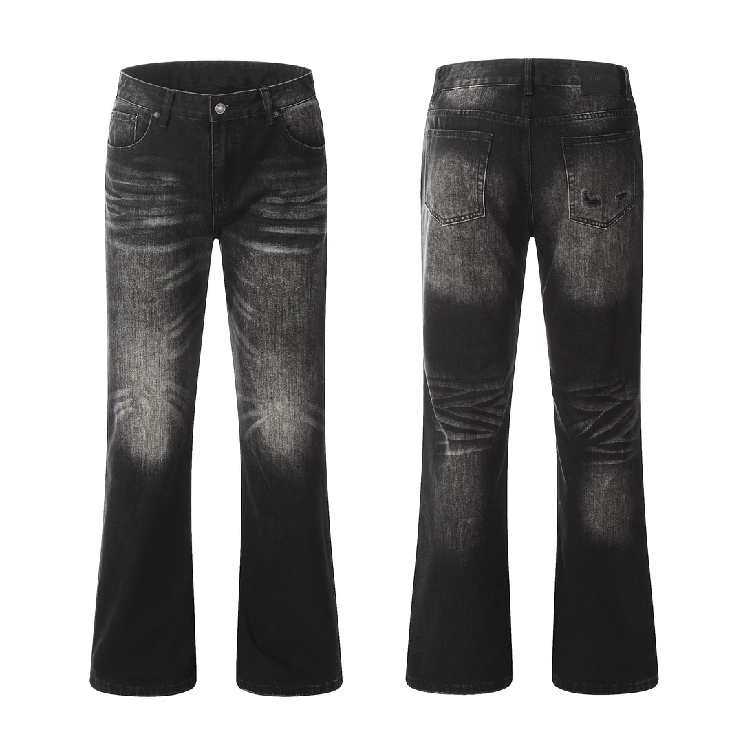 hline水洗黑做旧复古高盎司高街微喇直筒黑灰色牛仔裤cleanfit