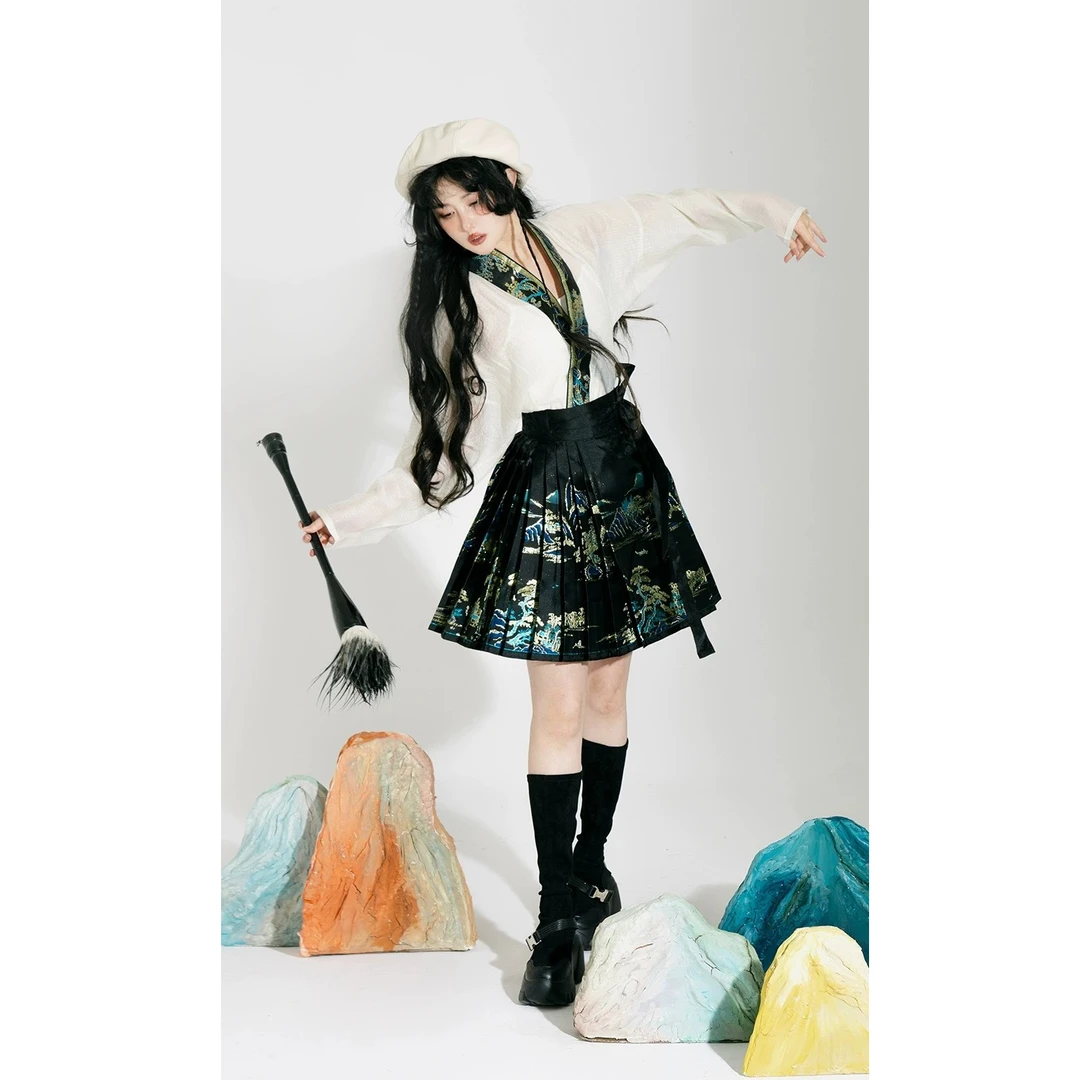 钟灵记【岜山谒雨】山水刺绣新中式日常短马面高腰夏季少女/空谷记