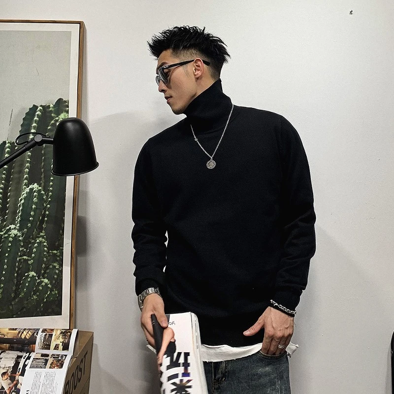 徐太浪黑色套头高领毛衣男秋冬保暖潮牌男装宽松大码内搭打底上衣