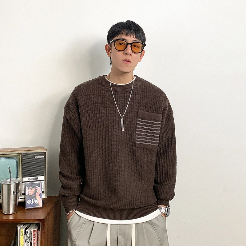 徐太浪时尚拼接口袋条纹毛衣男秋冬潮牌高级感大码针织打底衫上衣