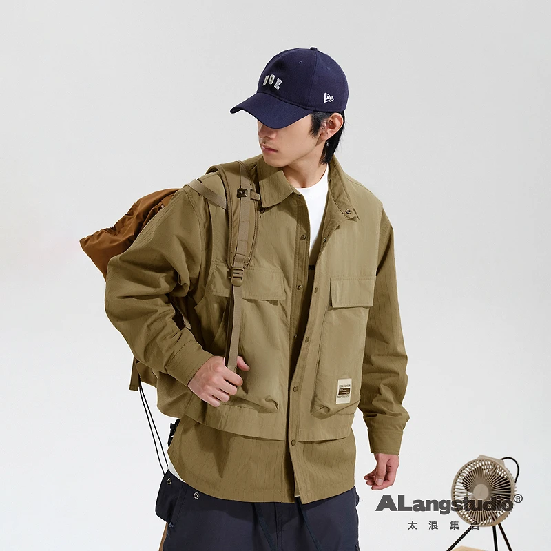 徐太浪复古假两件工装夹克男秋季美式痞帅拼接大口袋宽松上衣外套