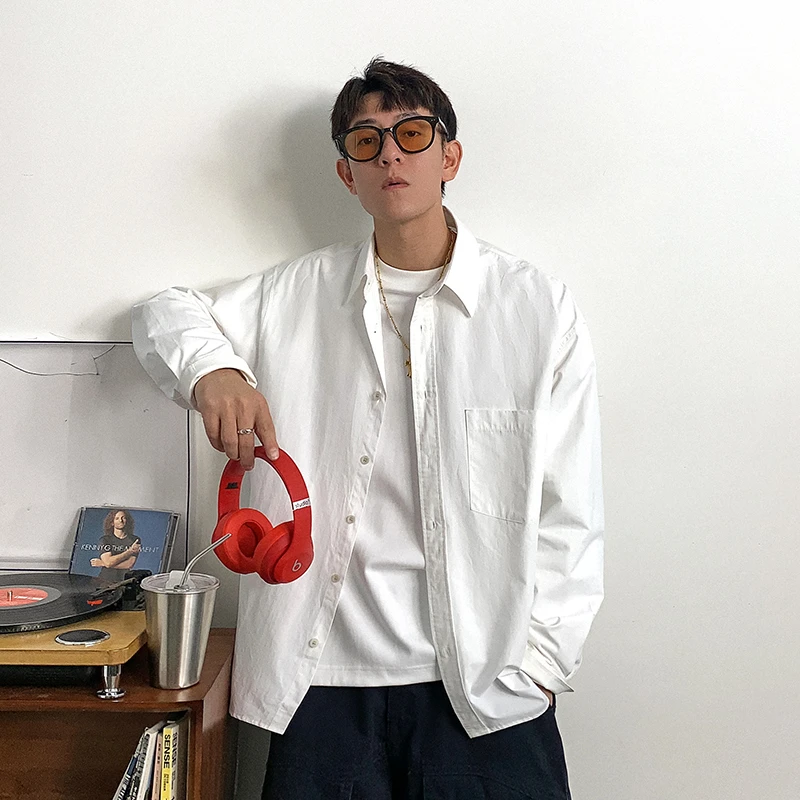 徐太浪美式重磅纯色长袖衬衫男春秋纯棉高级感休闲衬衣复古外套潮