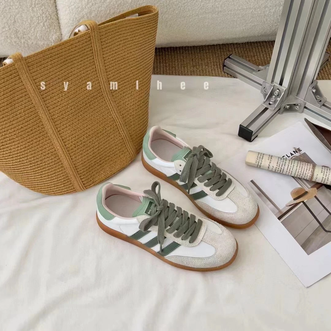 2024新款复古条纹系带薄荷绿德训夏季头拼接真皮阿甘鞋时尚平底