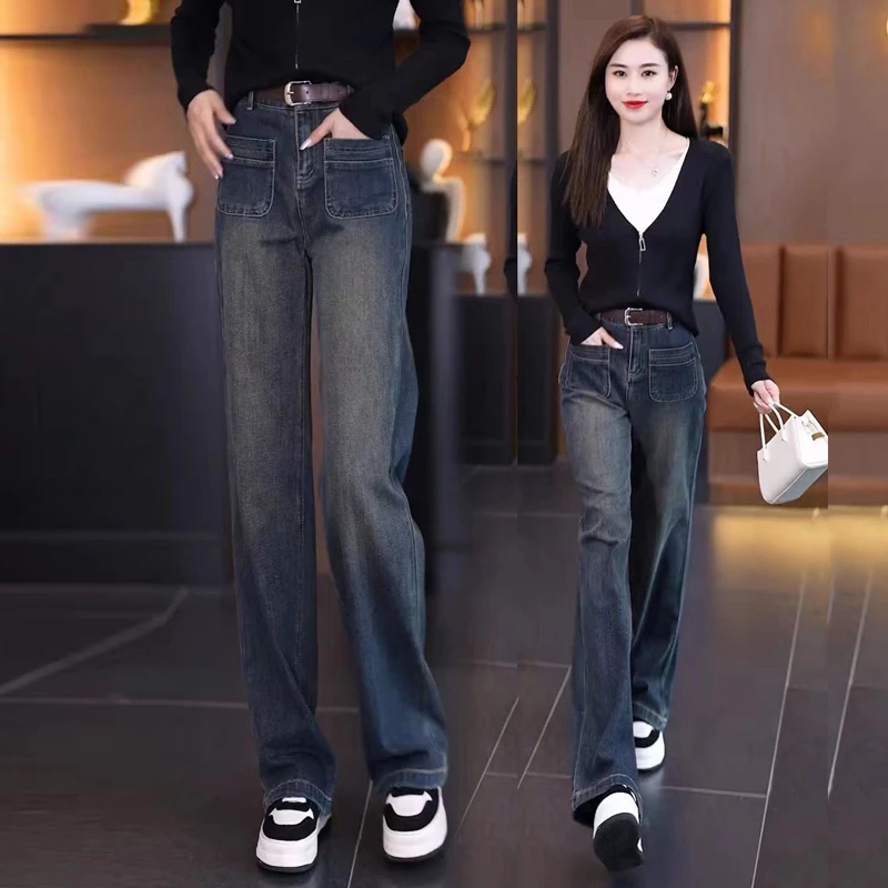 水泥灰窄版阔腿牛仔裤女春秋季2025新款高腰宽松直筒复古冬季裤子