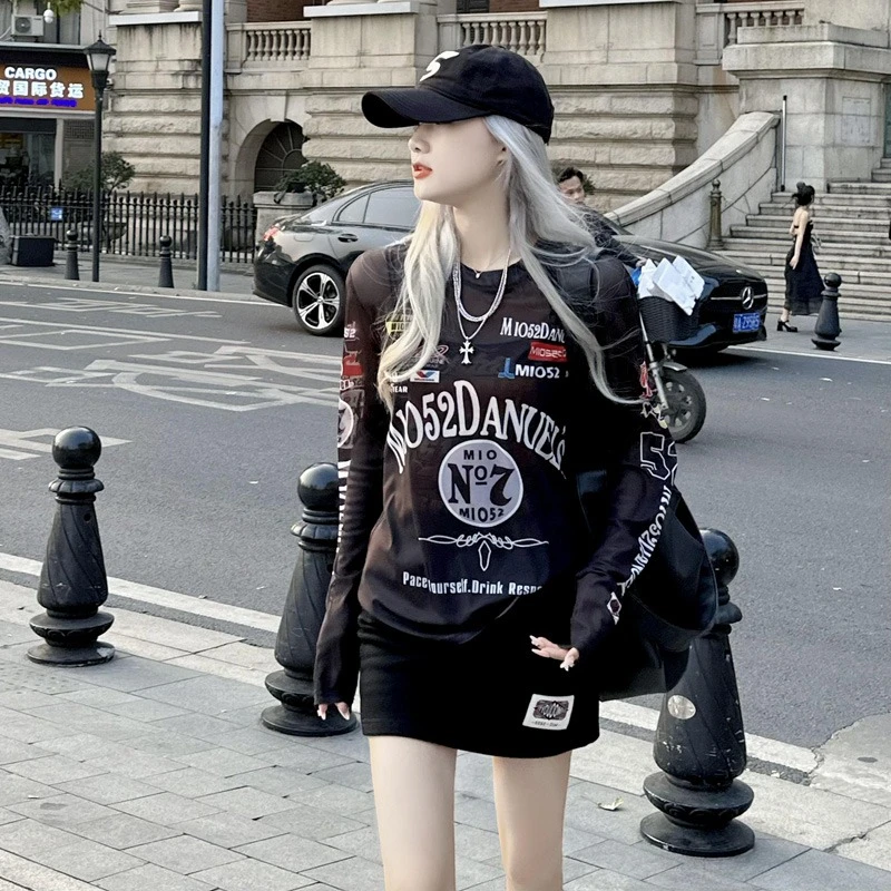 2025新款夏季网纱打底衫女冰丝欧美印花防晒内搭上衣夏款长袖薄款