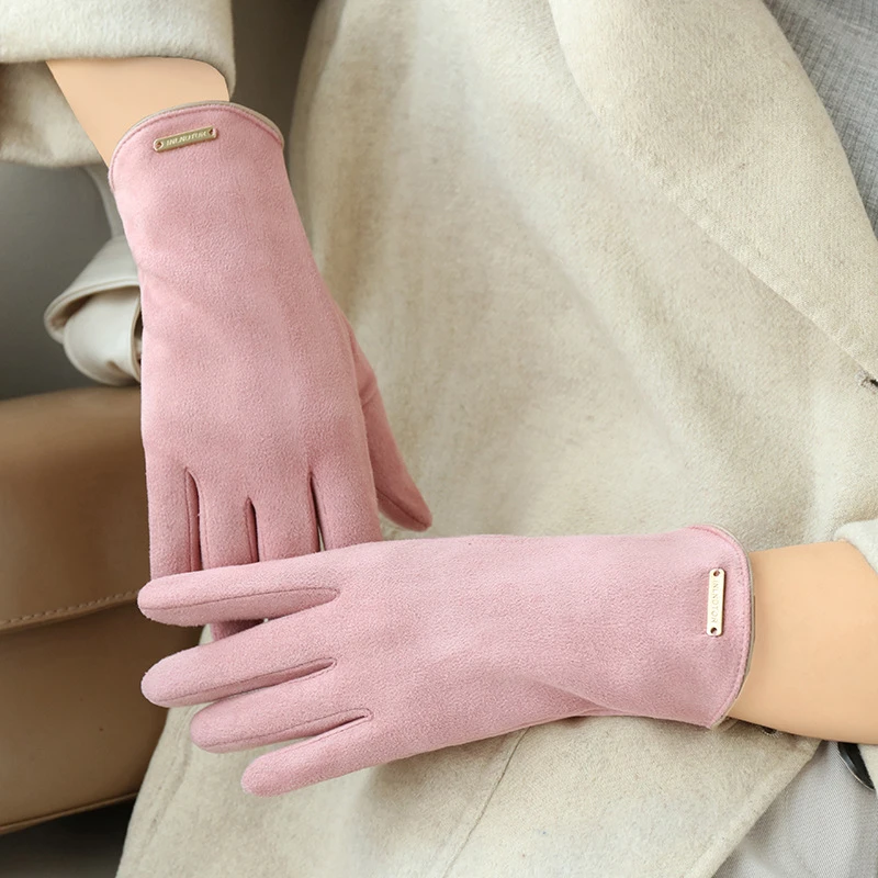 【麂皮绒男女同款】男女通用冬季翻合露指触控加绒情侣款防寒手套