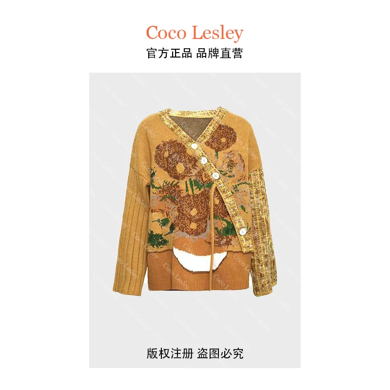 （门店8999）X梵高艺术油画斜边扣毛衣