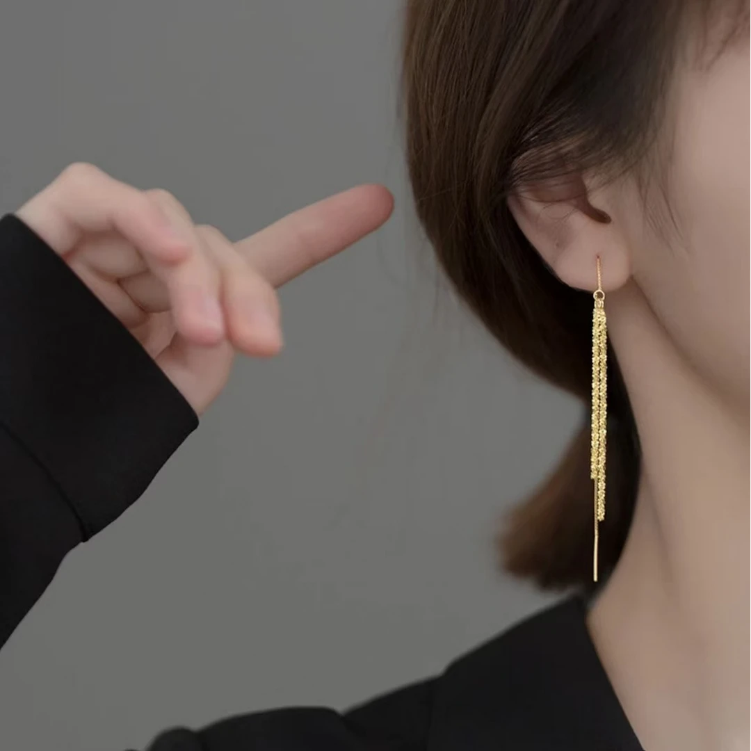 足银耳饰 足银999 波光粼粼流苏耳线气质小众女士足银长款