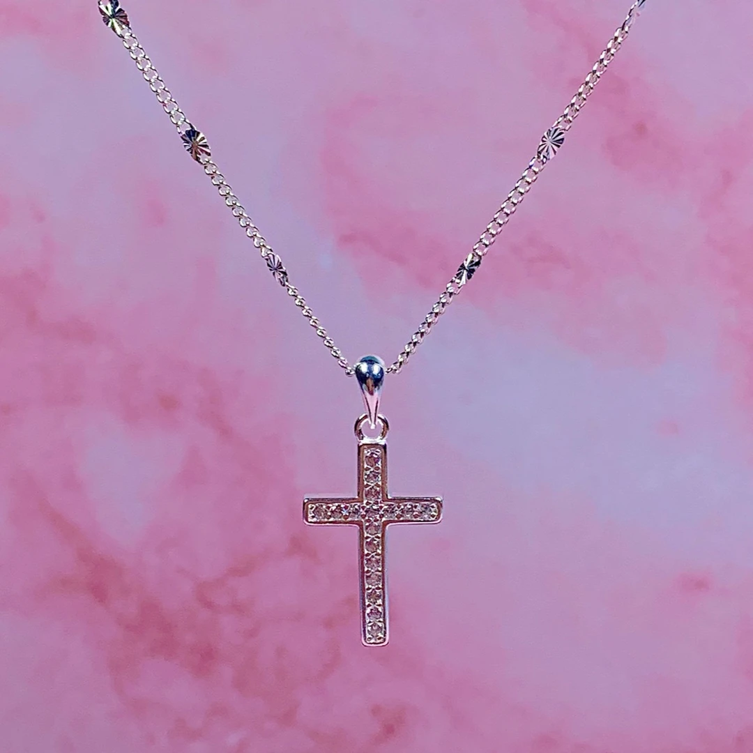 坠链均足银 45厘米满天星雪花链999.9十字架吊坠女士素款经典简约