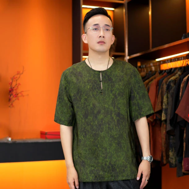 彩龟香云纱男装夏季短袖扎染桑蚕丝上衣中式男装中国风