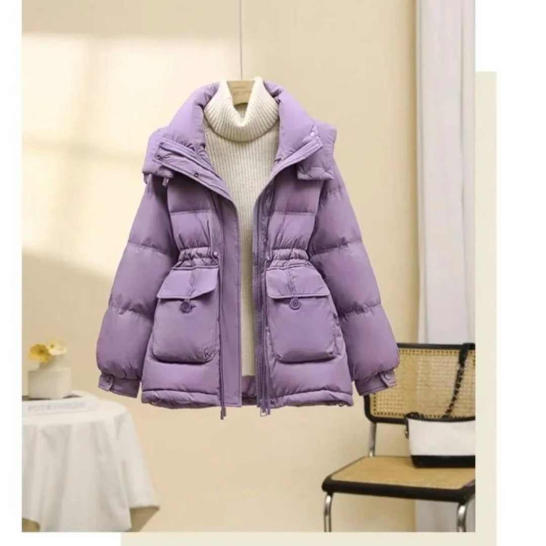 【工厂直销】新款半扣抽绳显瘦连帽加厚羽绒服时尚百搭