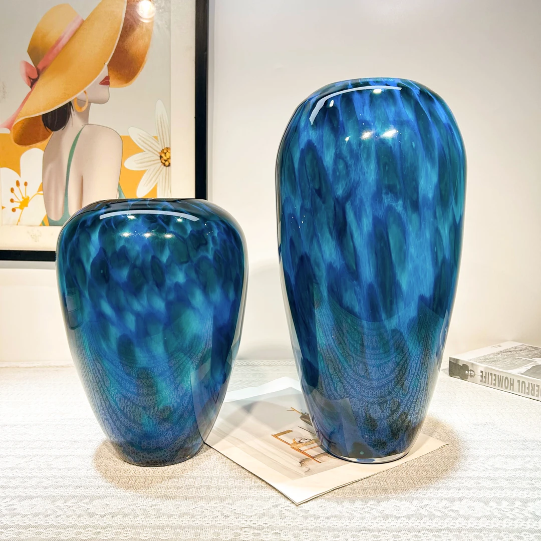 新中式孔雀翎手工大口径琉璃花瓶电视柜博古架高级样板间创意摆件