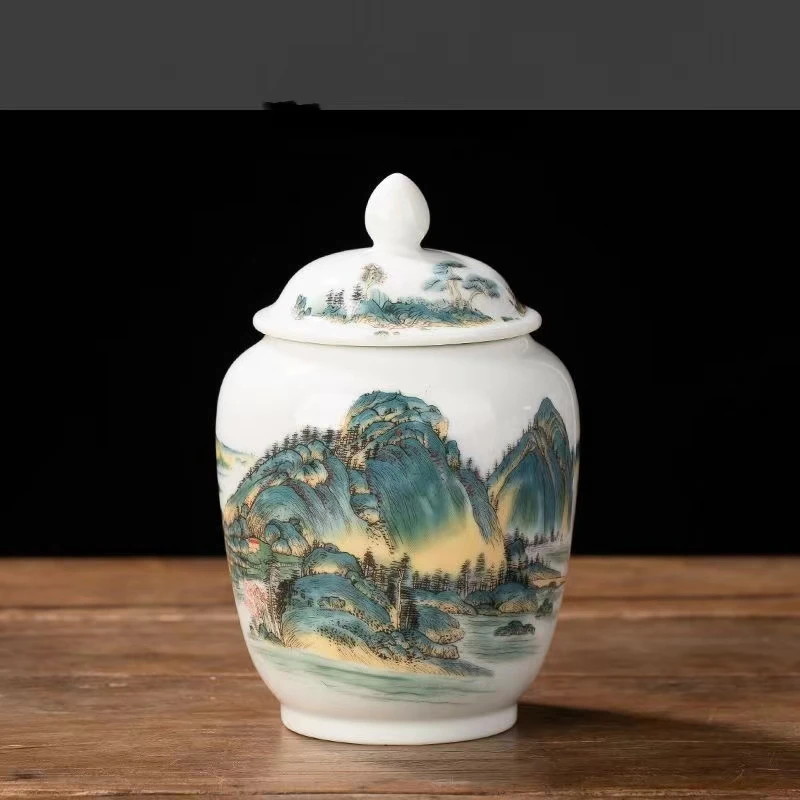 高档中式复古白瓷羊脂玉瓷山水小号将军茶叶罐手工储存储物罐醒茶