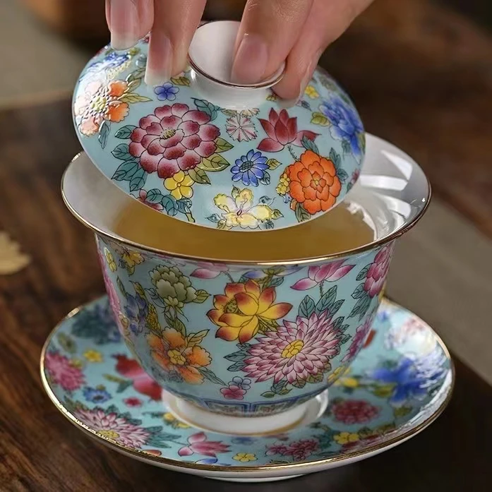 羊脂玉瓷珐琅彩三才盖碗功夫茶具描金珐琅彩盖碗陶瓷茶盖碗敬茶碗