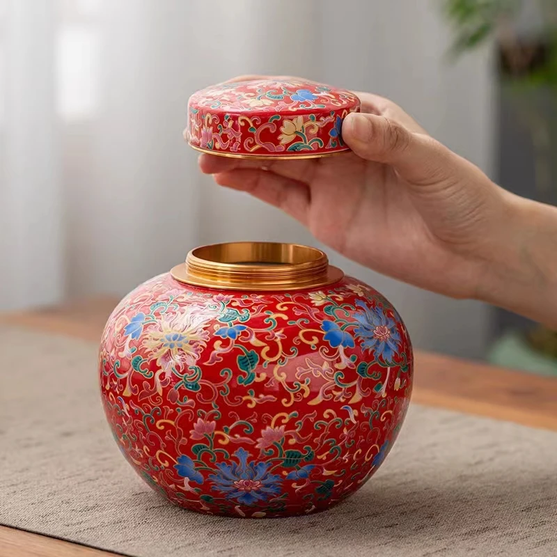 珐琅彩手工轻奢圆满茶叶罐（红）密封存储罐高档茶叶干果防潮防湿