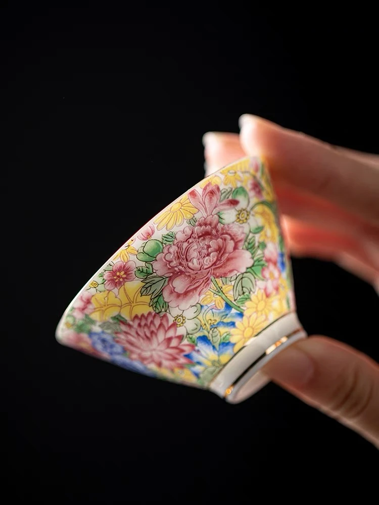 陶瓷家用高端珐琅彩羊脂玉万花珐琅彩主人杯茶杯个人茶杯斗笠杯