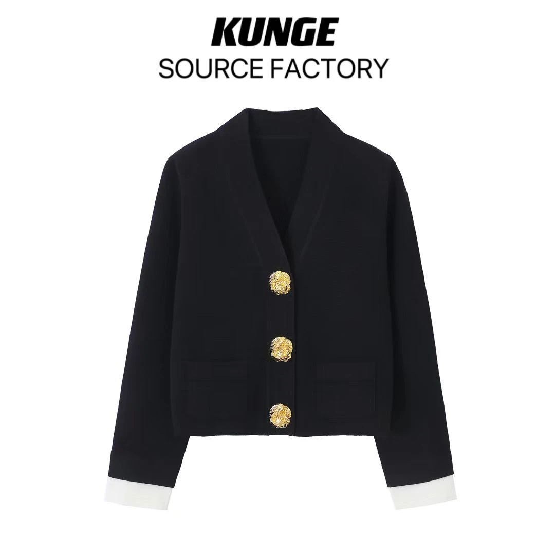 KUNGE-轻奢高级感针织开衫秋季重工金色扣V领小香风外套-259