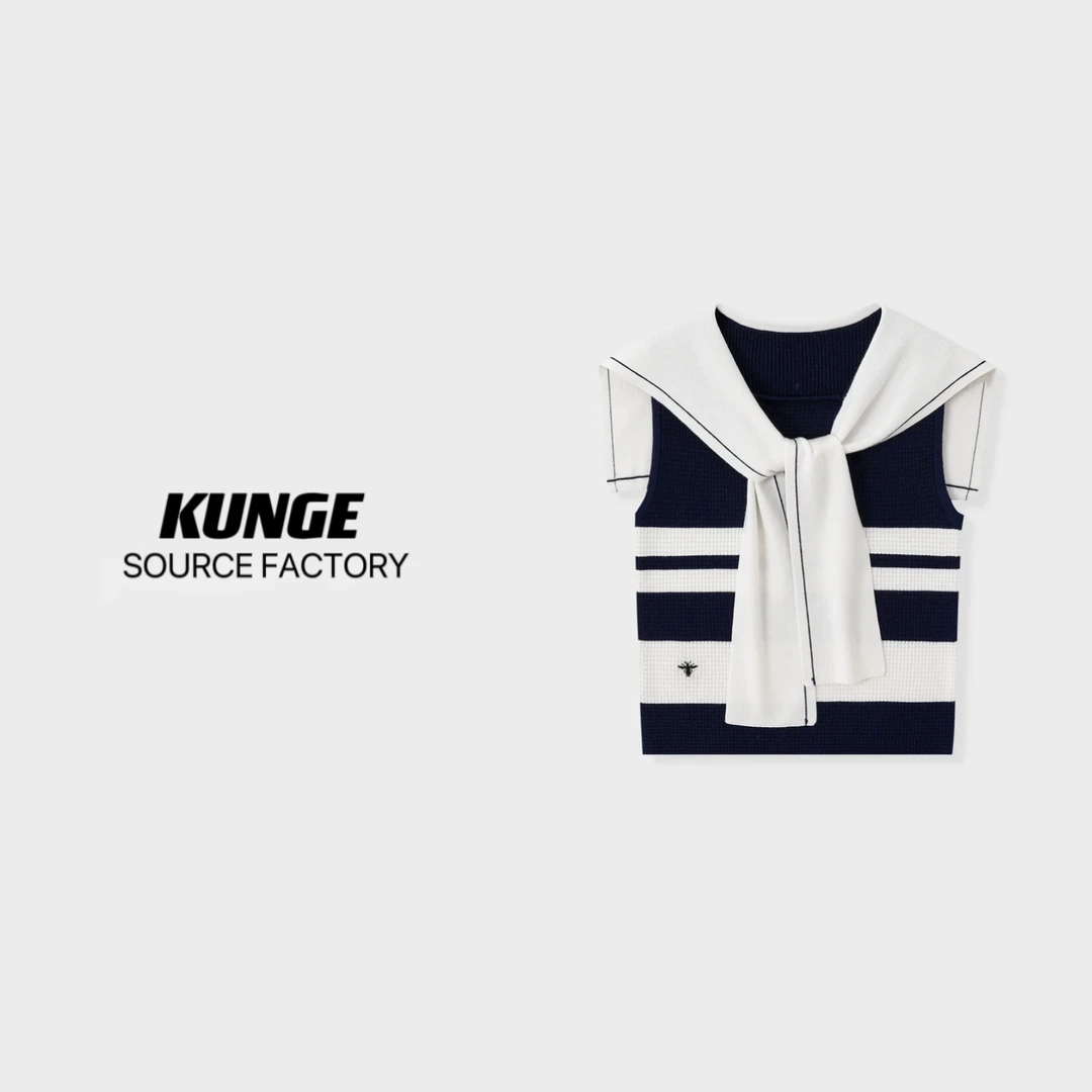 KUNGE-时尚海军风撞色条纹系带装饰无袖百搭炸针织背心-8284