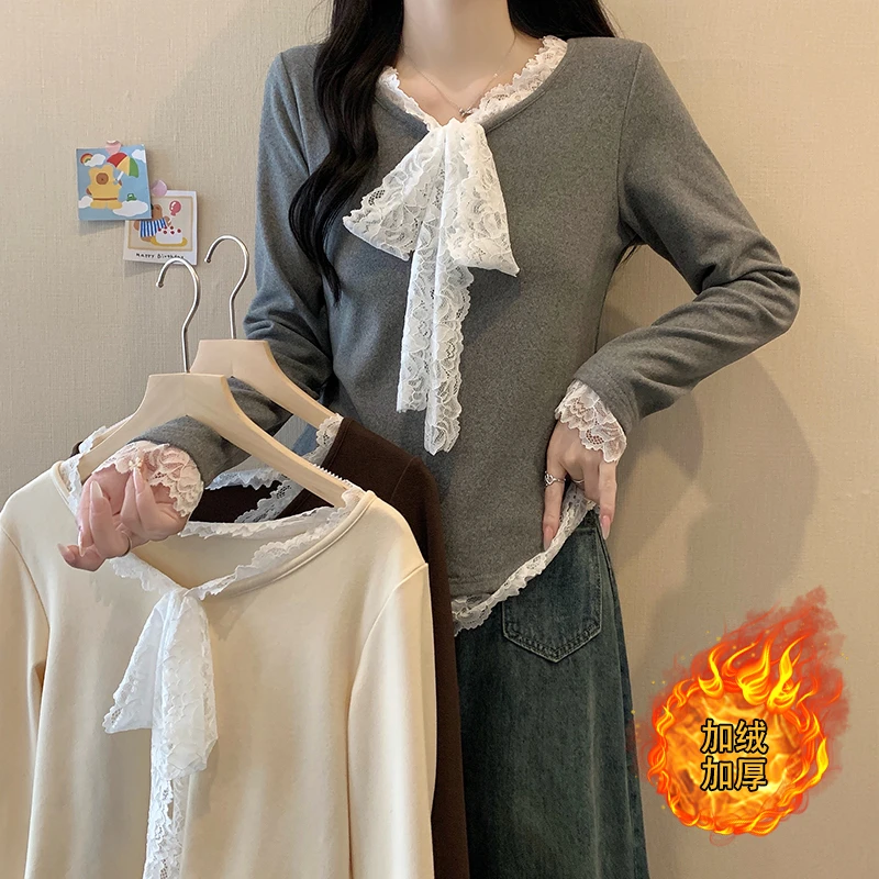 2024秋冬新款胖mm大码女加绒加厚蕾丝蝴蝶结长袖打底衫T恤20966