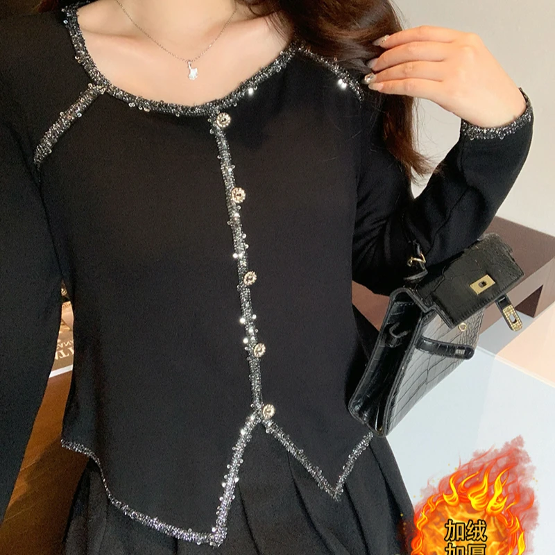 2024秋冬新款胖mm大码纯欲风气质显瘦加绒磨毛打底衫A0948