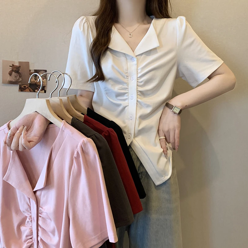 2025夏装新款胖mm时尚百搭显瘦翻领褶皱短袖T恤辣妹上衣19145