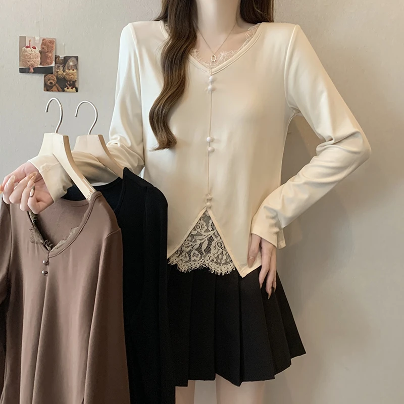 【涵胖胖】胖mm大码女时尚百搭加厚蕾丝边长袖打底衫T恤A1014（B）