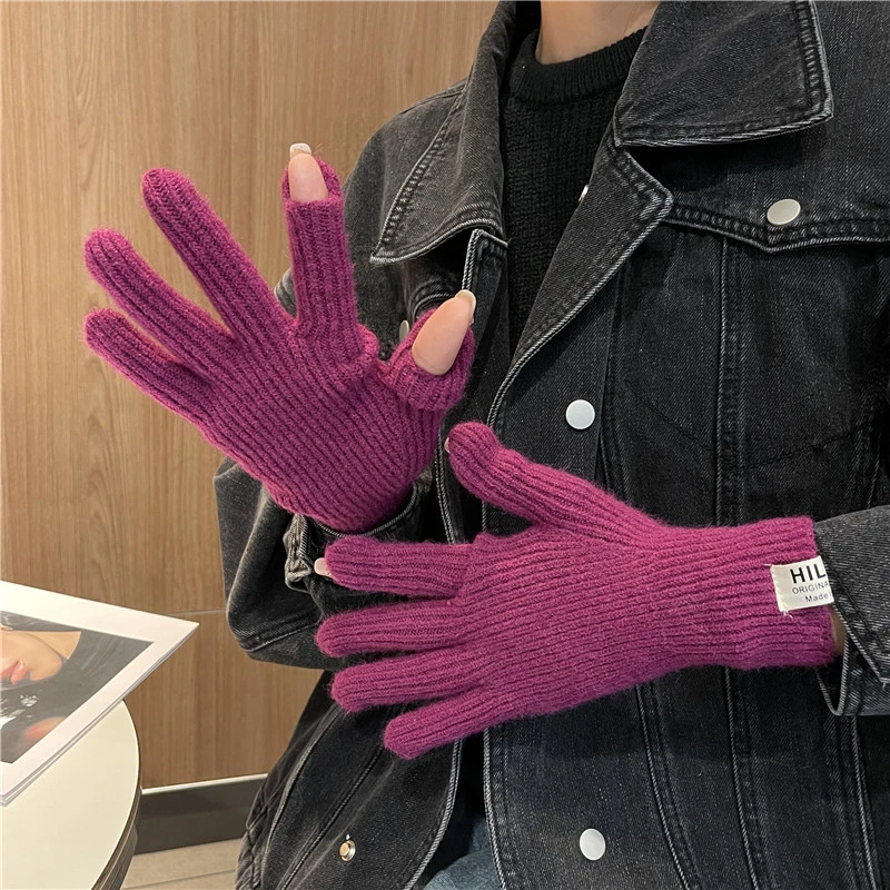 纯色ins针织毛线手套简约款秋冬韩版贴标露指可触屏保暖手套女士