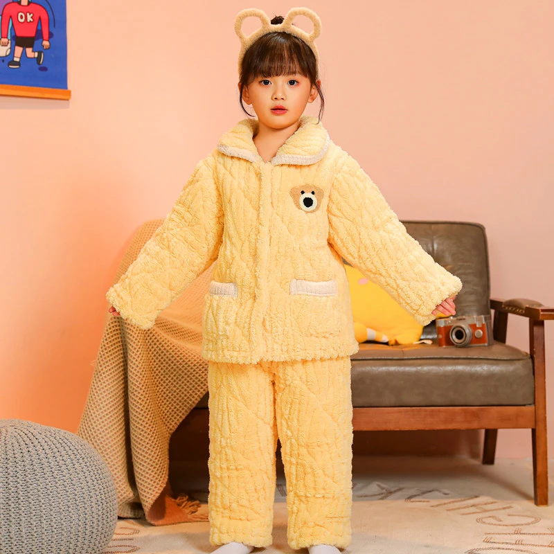 儿童睡衣法兰绒三层夹棉加厚珊瑚绒冬季男童加厚款女童加绒家居服