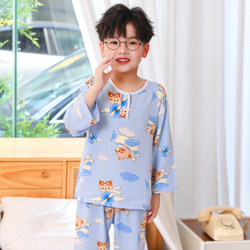 卡通儿童夏季睡衣薄款女童棉绸套装人造棉中大童家居服男童空调服